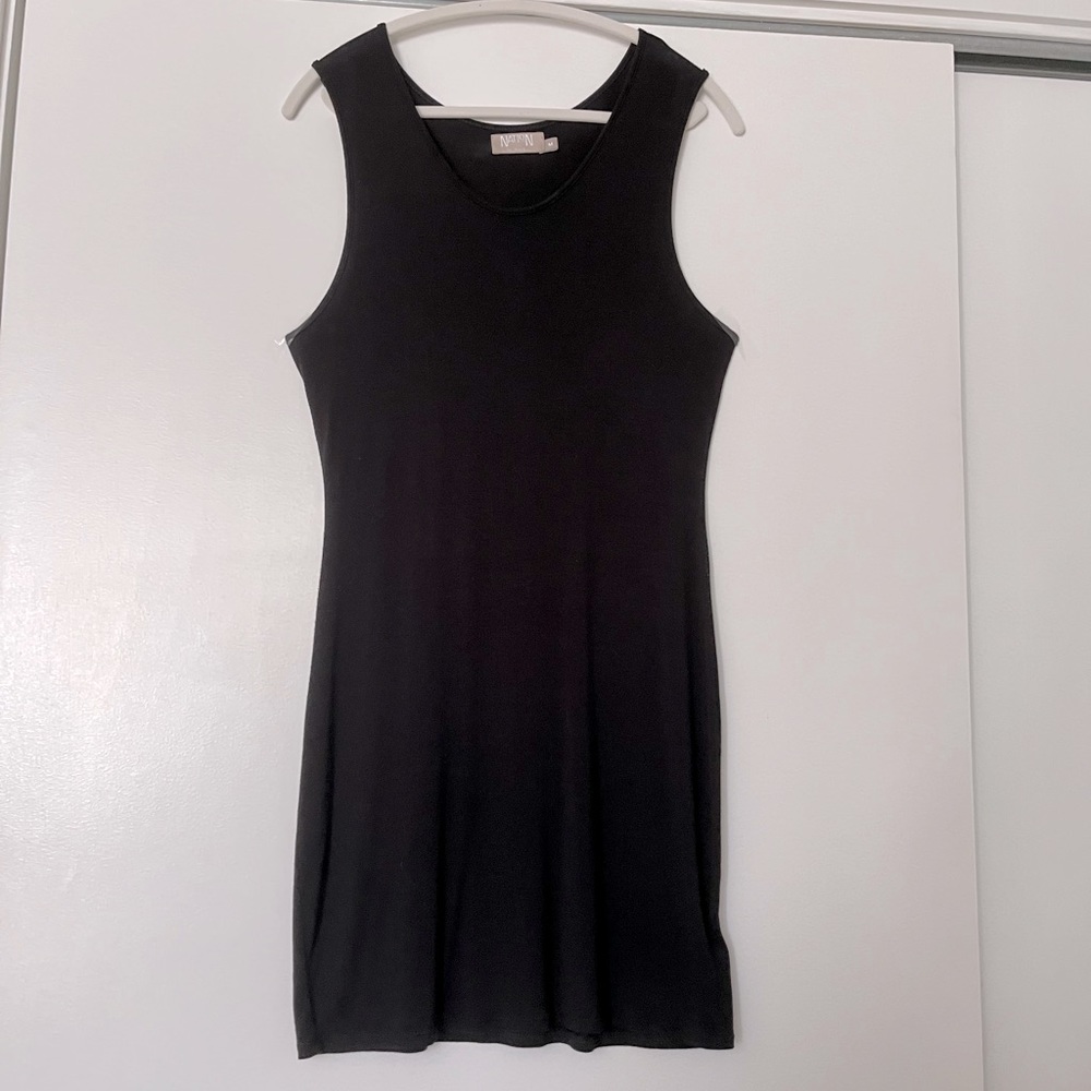 Nation LDT (M) Jersey Mini Midi Dress Black Stretchy Rayon Sleeveless